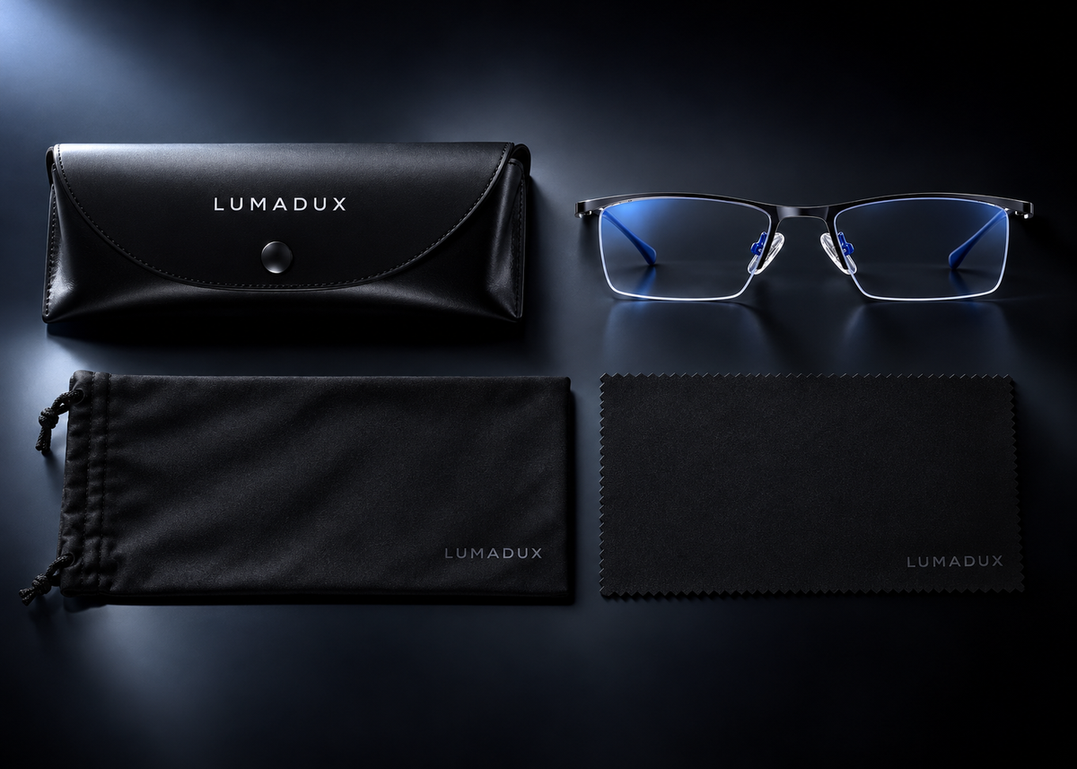 Frame with hard case, soft pouch and microfiber cloth